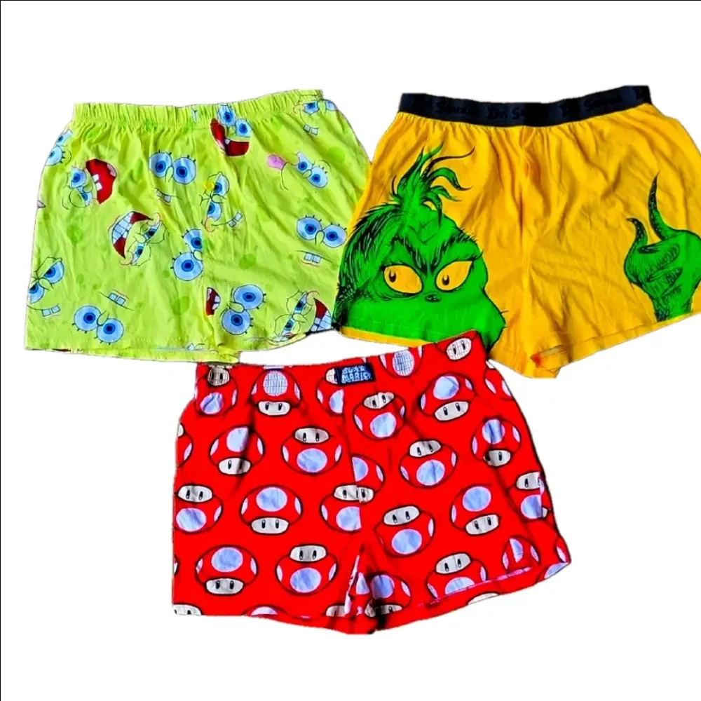 Colorful Cartoon Print Cotton Men's Boxers Set 3 Spongebob Super Mario Dr.Suess